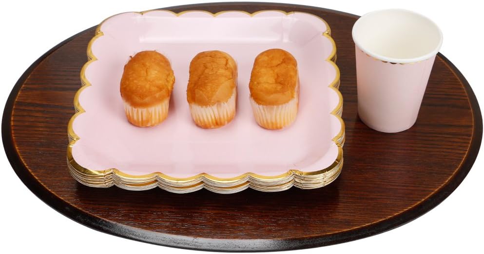 9in Pink Disposable Paper Plates with Gold Scalloped Border, 20ct