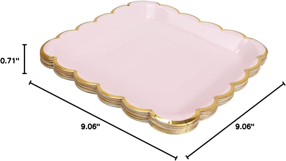 9in Pink Disposable Paper Plates with Gold Scalloped Border, 20ct