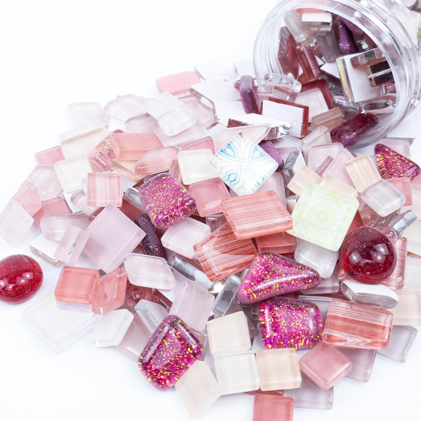 Mosaic Tiles, Glass Mosaic Tile, Mosaic Glass Pieces, Glass Mosaic Tiles for Crafts Resin Art, Photo Frames,Vases, DIY Lamps Candle Holders Kitchen Countertop Home Decor, 200g (Mixed-Pink)