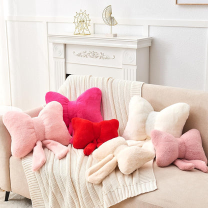 Pink Bow Pillow,16'' Bow Decorative Pillows with Faux Rabbit Fur,Soft Bow Throw Pillows Aesthetic Bow Shaped Pillow for Bed Sofa Couch Home Decor