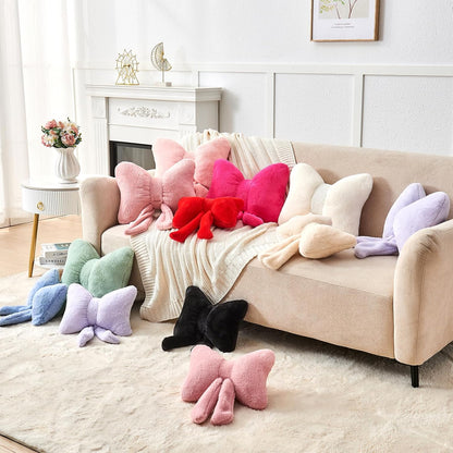 Pink Bow Pillow,16'' Bow Decorative Pillows with Faux Rabbit Fur,Soft Bow Throw Pillows Aesthetic Bow Shaped Pillow for Bed Sofa Couch Home Decor