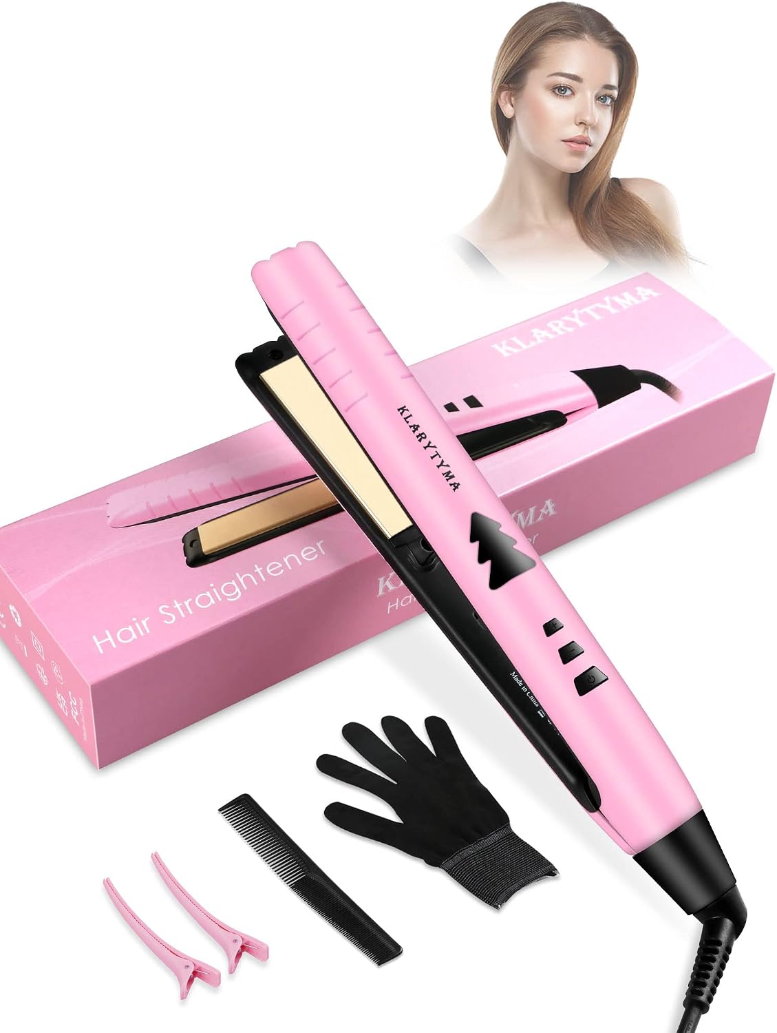 Lightweight 2 in 1 Hair Straightener & Curler, Titanium 3D Floating Plates 15s Instant Heating, Negative Ion Tech for Smooth Hair, Mini Portable with Pouch & Anti-Scald Glove, Pink