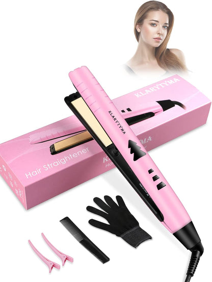 Lightweight 2 in 1 Hair Straightener & Curler, Titanium 3D Floating Plates 15s Instant Heating, Negative Ion Tech for Smooth Hair, Mini Portable with Pouch & Anti-Scald Glove, Pink