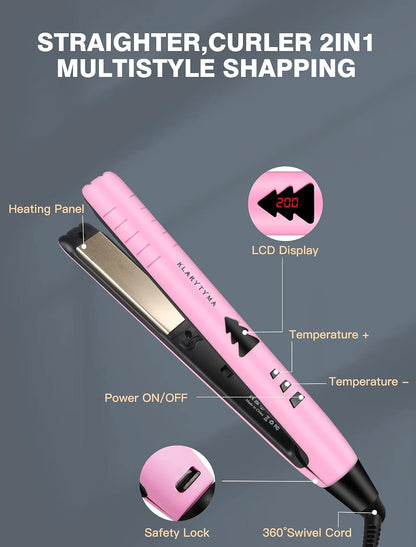 Lightweight 2 in 1 Hair Straightener & Curler, Titanium 3D Floating Plates 15s Instant Heating, Negative Ion Tech for Smooth Hair, Mini Portable with Pouch & Anti-Scald Glove, Pink