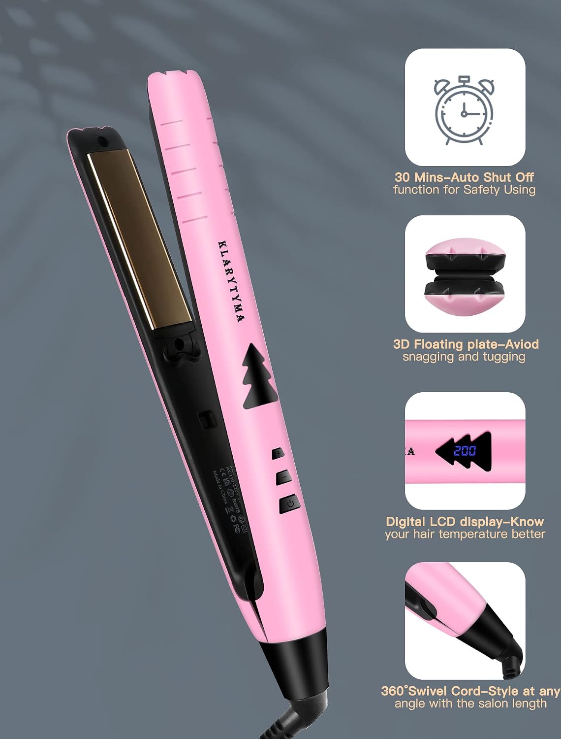 Lightweight 2 in 1 Hair Straightener & Curler, Titanium 3D Floating Plates 15s Instant Heating, Negative Ion Tech for Smooth Hair, Mini Portable with Pouch & Anti-Scald Glove, Pink