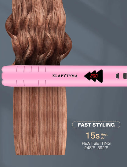 Lightweight 2 in 1 Hair Straightener & Curler, Titanium 3D Floating Plates 15s Instant Heating, Negative Ion Tech for Smooth Hair, Mini Portable with Pouch & Anti-Scald Glove, Pink