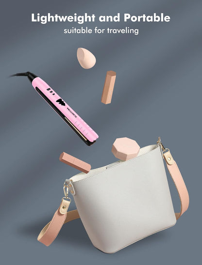 Lightweight 2 in 1 Hair Straightener & Curler, Titanium 3D Floating Plates 15s Instant Heating, Negative Ion Tech for Smooth Hair, Mini Portable with Pouch & Anti-Scald Glove, Pink