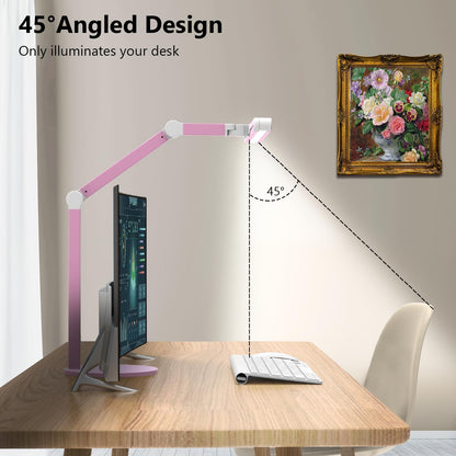 Led Desk Lamp with Base, Adjustable Tall Architect Desk Light for Home Office with Flexible Swing Arm, 24W Pink Bright Table Lamp Auto Dimming Computer Light for Workbench