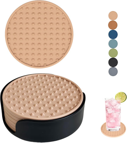 Set of 6 Silicone Coasters, 4'' Drink Coaster with Holder, Round Coasters for Drinks Beer Coffee Home Office Bar Desk Tabletop Protection, Non-Slip Rubber Coaster (Pink, 6 Pcs-Plastic Holder)
