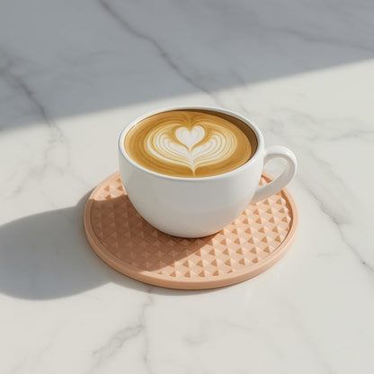 Set of 6 Silicone Coasters, 4'' Drink Coaster with Holder, Round Coasters for Drinks Beer Coffee Home Office Bar Desk Tabletop Protection, Non-Slip Rubber Coaster (Pink, 6 Pcs-Plastic Holder)