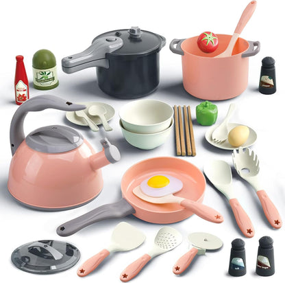 32Pcs Kids Play Kitchen Toys Set, Toddlers Pretend Cooking Playset Acccessories with Pots Pans, Utensils Cookware, Foods, Canned Veges, Learning Gift for Kids Girls Boys (Pink)