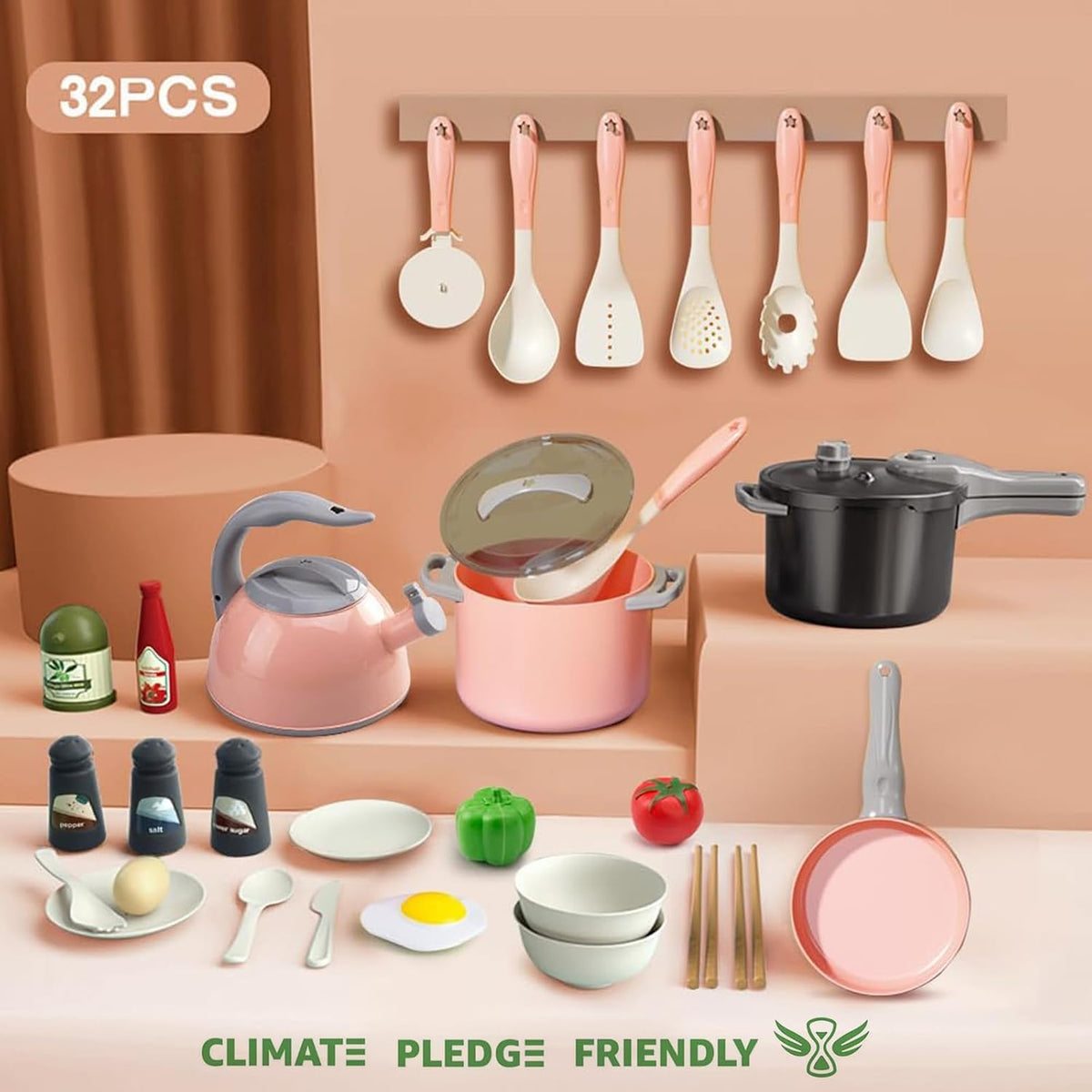 32Pcs Kids Play Kitchen Toys Set, Toddlers Pretend Cooking Playset Acccessories with Pots Pans, Utensils Cookware, Foods, Canned Veges, Learning Gift for Kids Girls Boys (Pink)