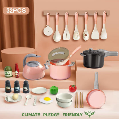 32Pcs Kids Play Kitchen Toys Set, Toddlers Pretend Cooking Playset Acccessories with Pots Pans, Utensils Cookware, Foods, Canned Veges, Learning Gift for Kids Girls Boys (Pink)