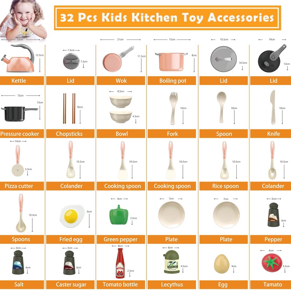 32Pcs Kids Play Kitchen Toys Set, Toddlers Pretend Cooking Playset Acccessories with Pots Pans, Utensils Cookware, Foods, Canned Veges, Learning Gift for Kids Girls Boys (Pink)