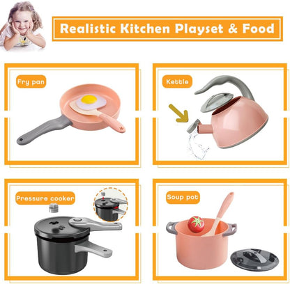 32Pcs Kids Play Kitchen Toys Set, Toddlers Pretend Cooking Playset Acccessories with Pots Pans, Utensils Cookware, Foods, Canned Veges, Learning Gift for Kids Girls Boys (Pink)