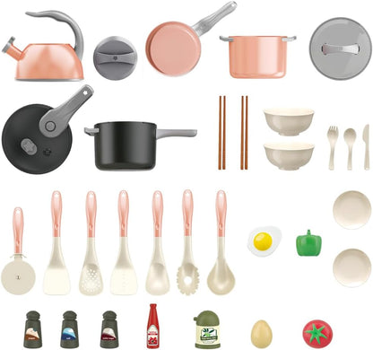 32Pcs Kids Play Kitchen Toys Set, Toddlers Pretend Cooking Playset Acccessories with Pots Pans, Utensils Cookware, Foods, Canned Veges, Learning Gift for Kids Girls Boys (Pink)