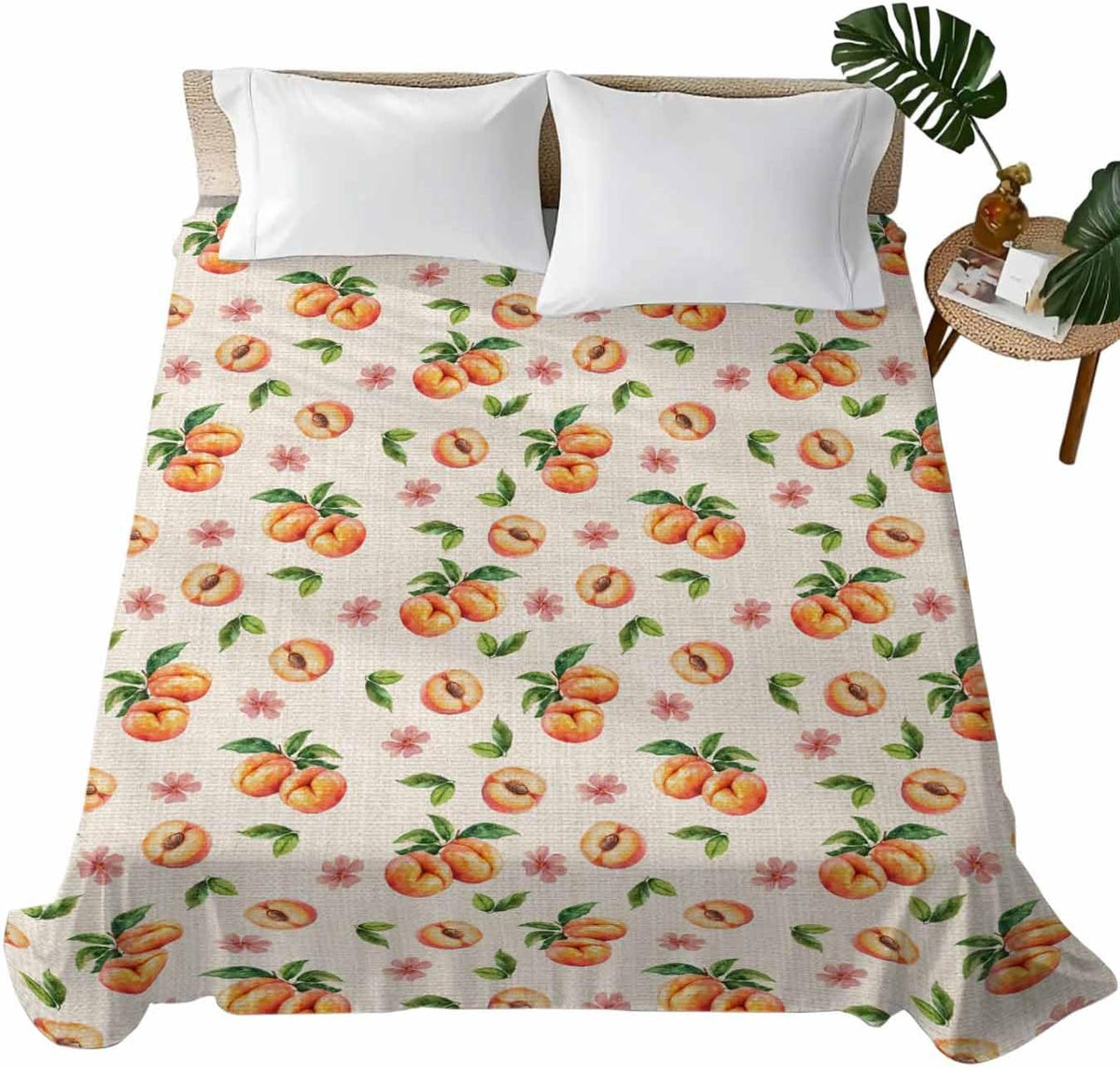 Flat Sheet Only Bedding Top Sheet Twin Summer Peaches Pink Flower Soft Microfiber Breathable Bed Sheets, Retro Floral on Linen Flat Sheets for Bedroom Sofa Men/Women