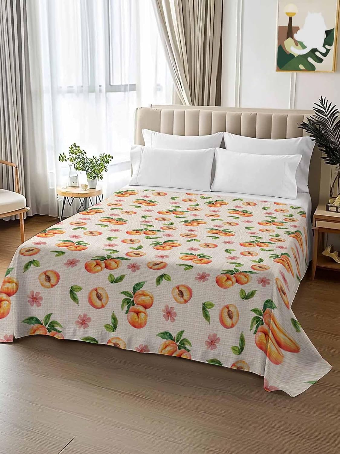 Flat Sheet Only Bedding Top Sheet Twin Summer Peaches Pink Flower Soft Microfiber Breathable Bed Sheets, Retro Floral on Linen Flat Sheets for Bedroom Sofa Men/Women