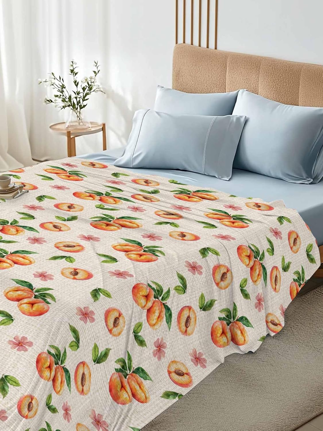 Flat Sheet Only Bedding Top Sheet Twin Summer Peaches Pink Flower Soft Microfiber Breathable Bed Sheets, Retro Floral on Linen Flat Sheets for Bedroom Sofa Men/Women