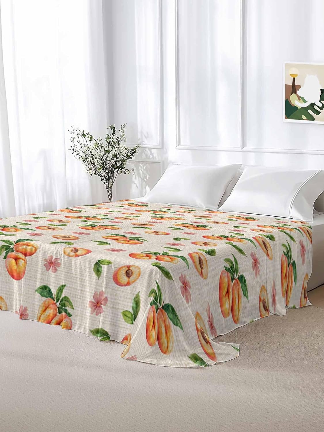 Flat Sheet Only Bedding Top Sheet Twin Summer Peaches Pink Flower Soft Microfiber Breathable Bed Sheets, Retro Floral on Linen Flat Sheets for Bedroom Sofa Men/Women