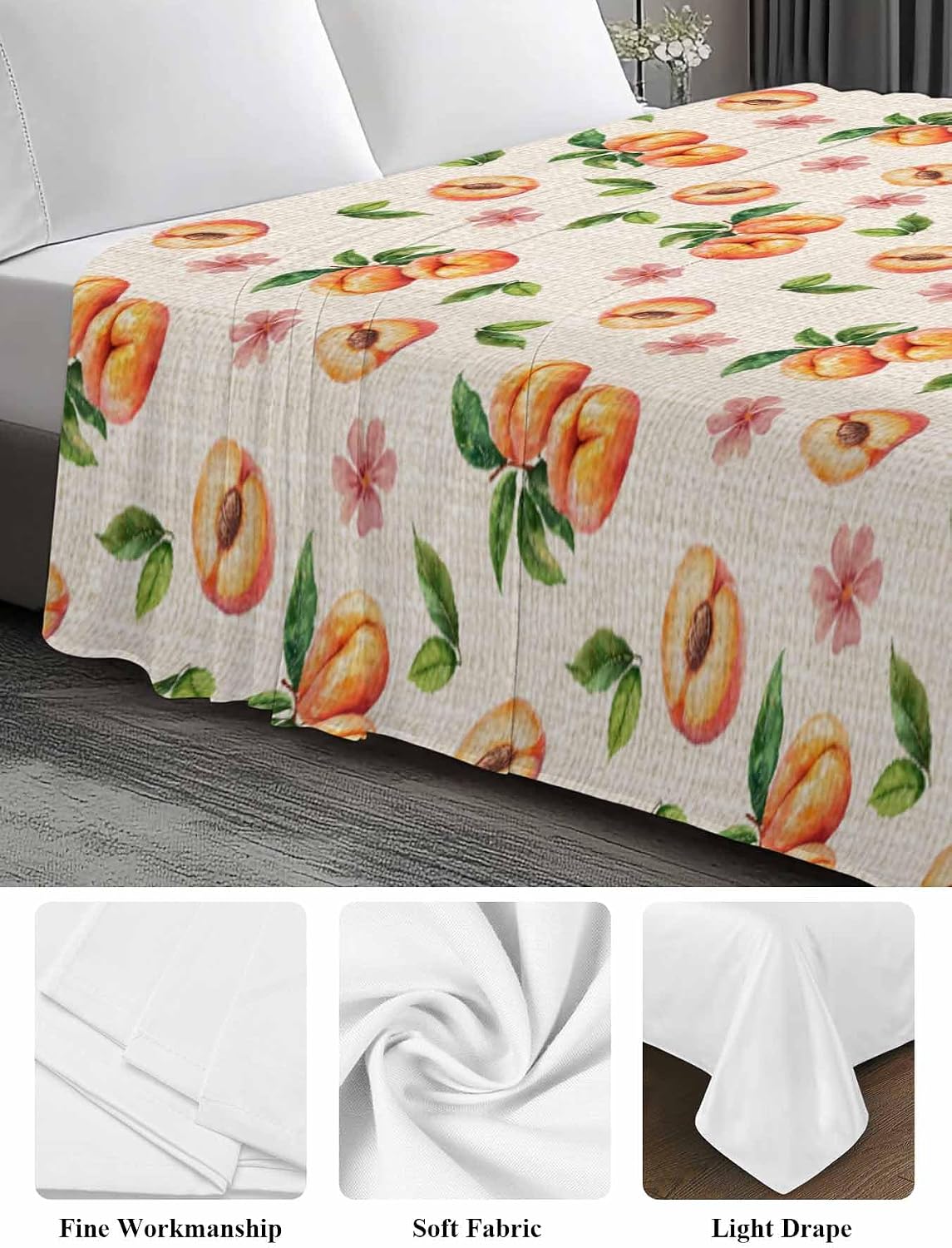 Flat Sheet Only Bedding Top Sheet Twin Summer Peaches Pink Flower Soft Microfiber Breathable Bed Sheets, Retro Floral on Linen Flat Sheets for Bedroom Sofa Men/Women