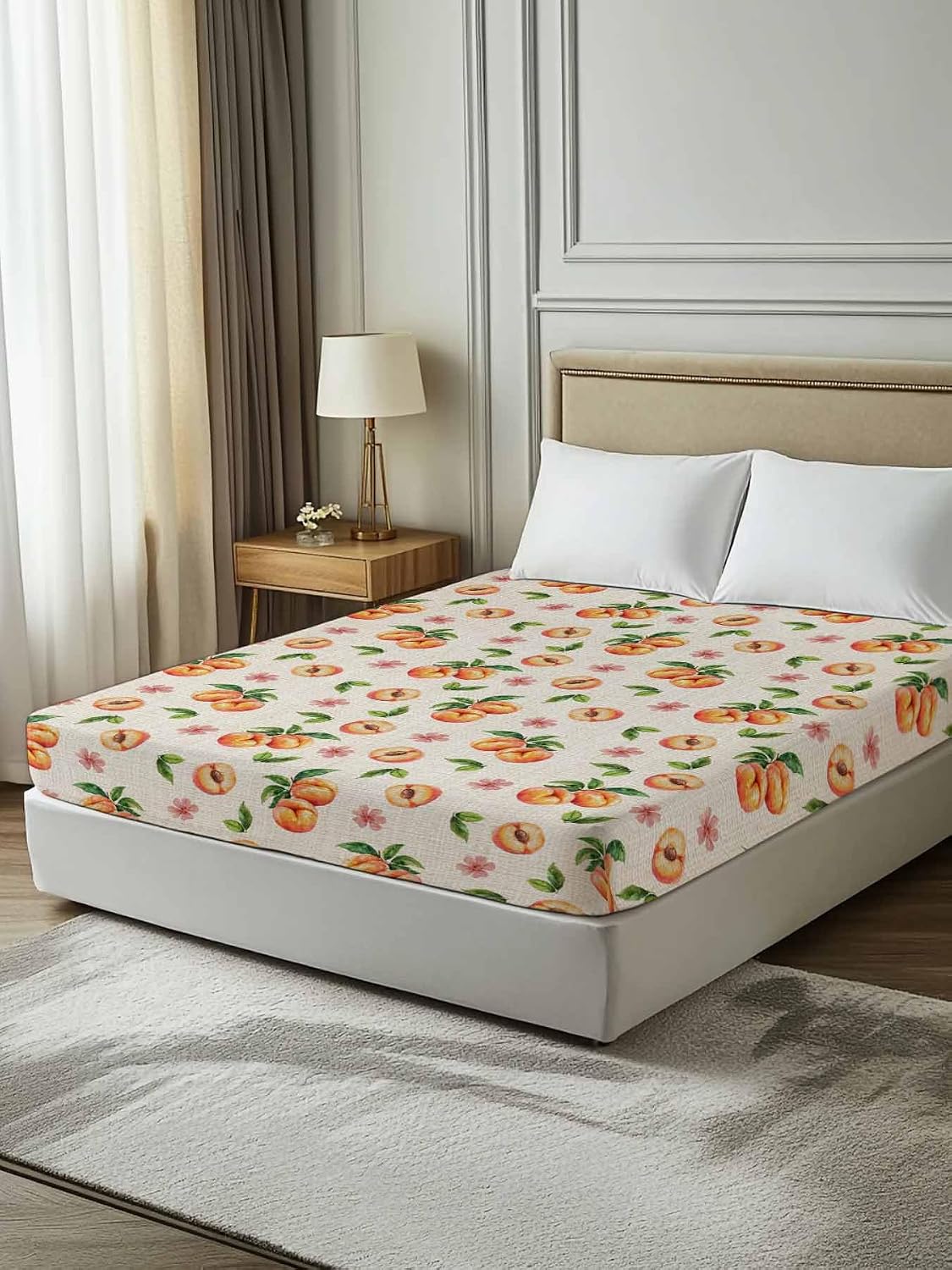 Flat Sheet Only Bedding Top Sheet Twin Summer Peaches Pink Flower Soft Microfiber Breathable Bed Sheets, Retro Floral on Linen Flat Sheets for Bedroom Sofa Men/Women