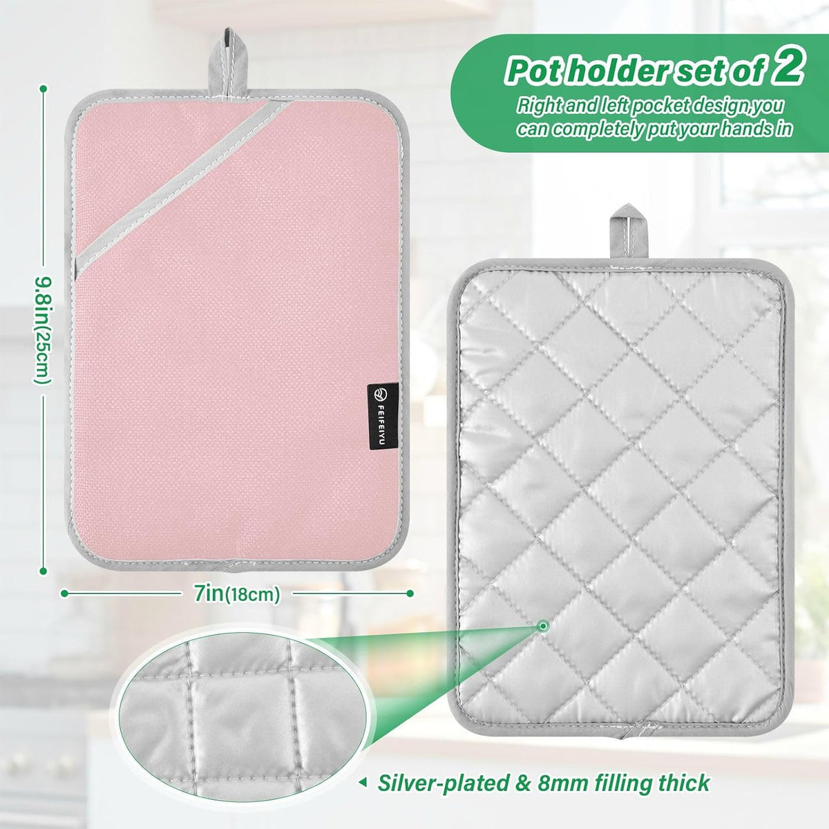 2 Pack Pot Holders, Solid Color Light Pink Print Oven Mitts Hot Pads Sets for Ovens Cooking Baking Pans, Square 7x9.8 in