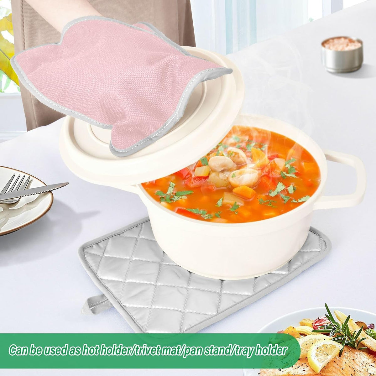 2 Pack Pot Holders, Solid Color Light Pink Print Oven Mitts Hot Pads Sets for Ovens Cooking Baking Pans, Square 7x9.8 in