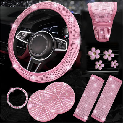 11 pcs Bling Car Accessories Set for Women, Steering Wheel Cover, Sparkly Seat Belt Covers, Daisy Vent Clips, Bling Shift Cover，Universal Fit Most Cars (Pink Diamond)