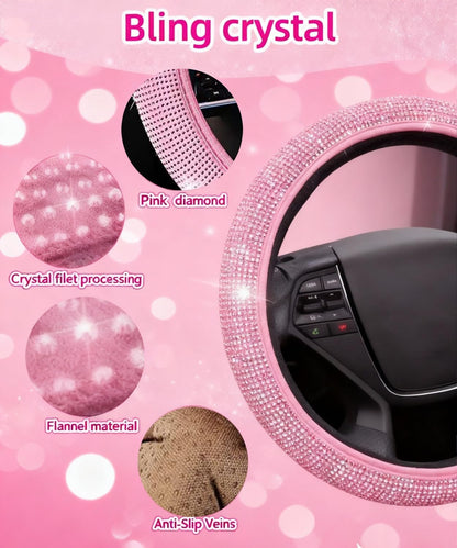 11 pcs Bling Car Accessories Set for Women, Steering Wheel Cover, Sparkly Seat Belt Covers, Daisy Vent Clips, Bling Shift Cover，Universal Fit Most Cars (Pink Diamond)