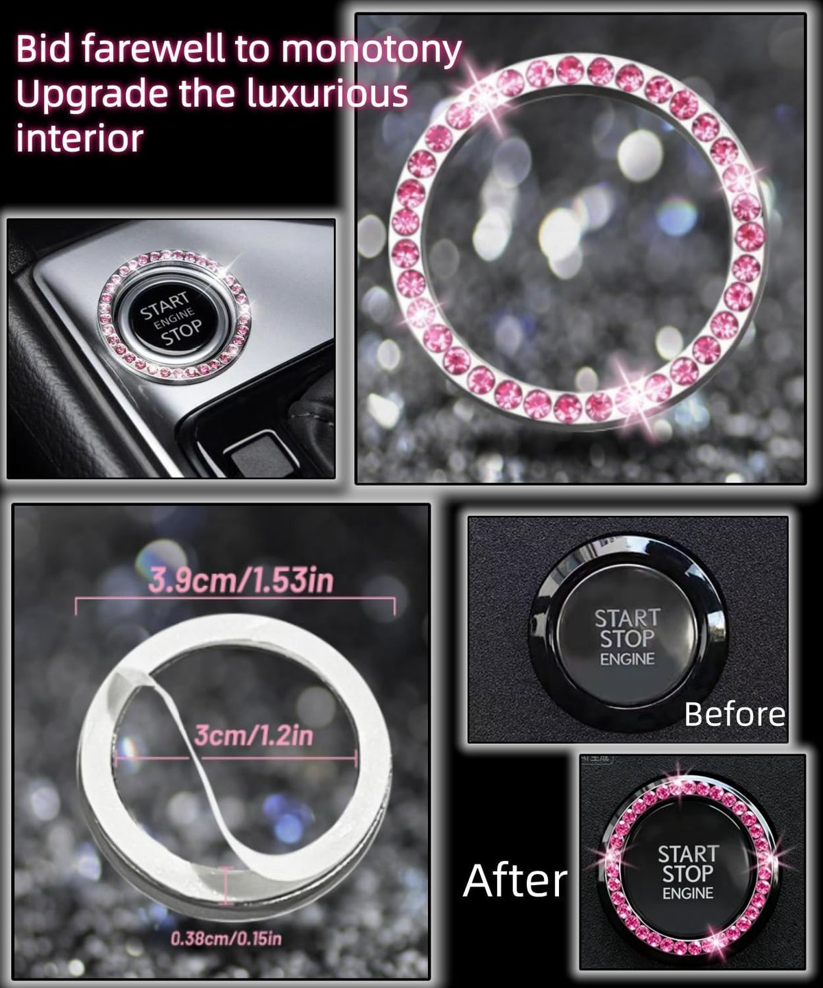 11 pcs Bling Car Accessories Set for Women, Steering Wheel Cover, Sparkly Seat Belt Covers, Daisy Vent Clips, Bling Shift Cover，Universal Fit Most Cars (Pink Diamond)
