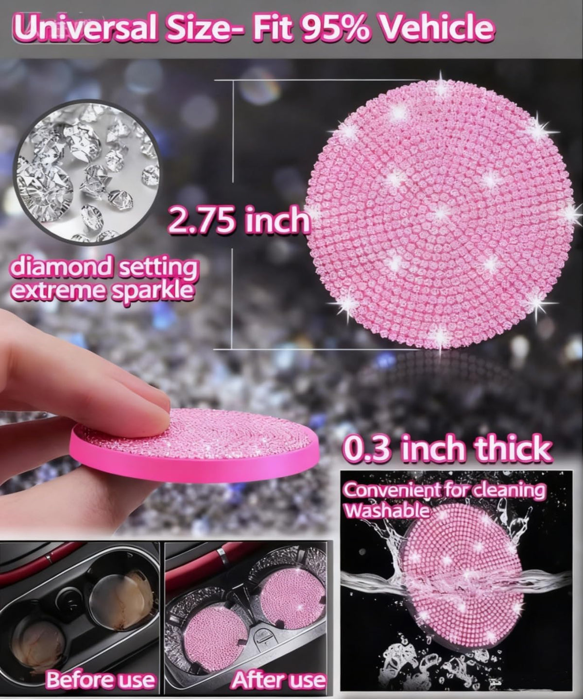 11 pcs Bling Car Accessories Set for Women, Steering Wheel Cover, Sparkly Seat Belt Covers, Daisy Vent Clips, Bling Shift Cover，Universal Fit Most Cars (Pink Diamond)