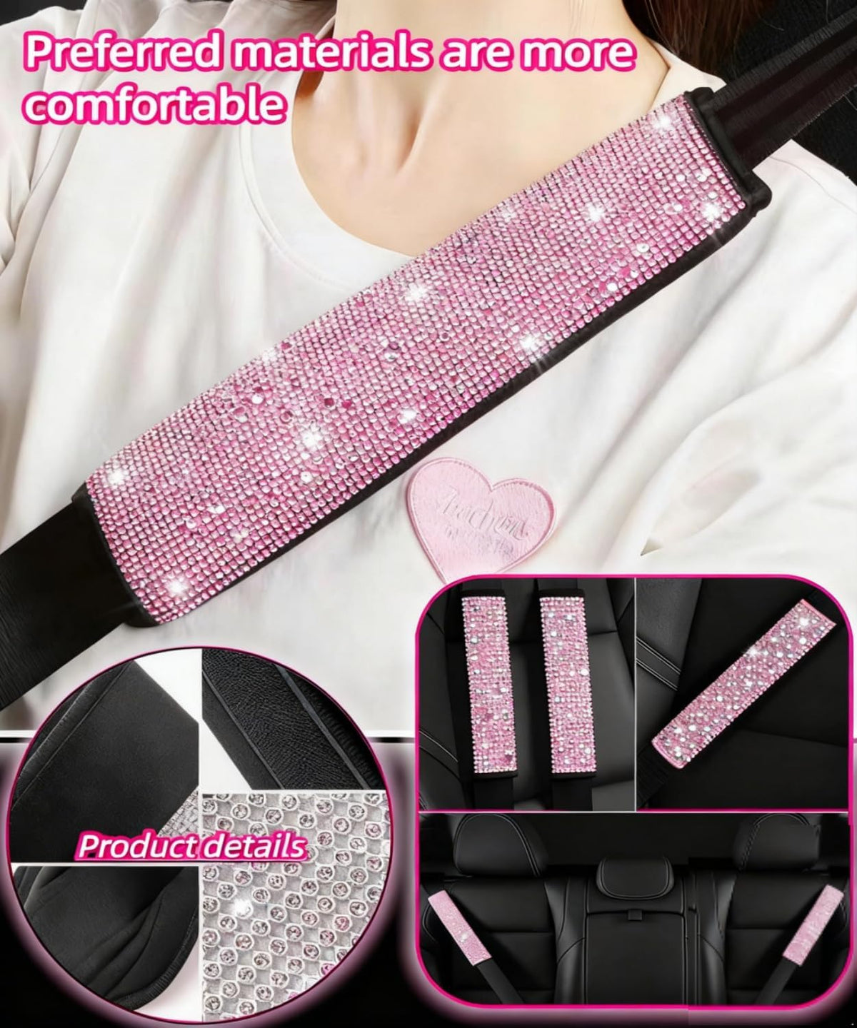 11 pcs Bling Car Accessories Set for Women, Steering Wheel Cover, Sparkly Seat Belt Covers, Daisy Vent Clips, Bling Shift Cover，Universal Fit Most Cars (Pink Diamond)