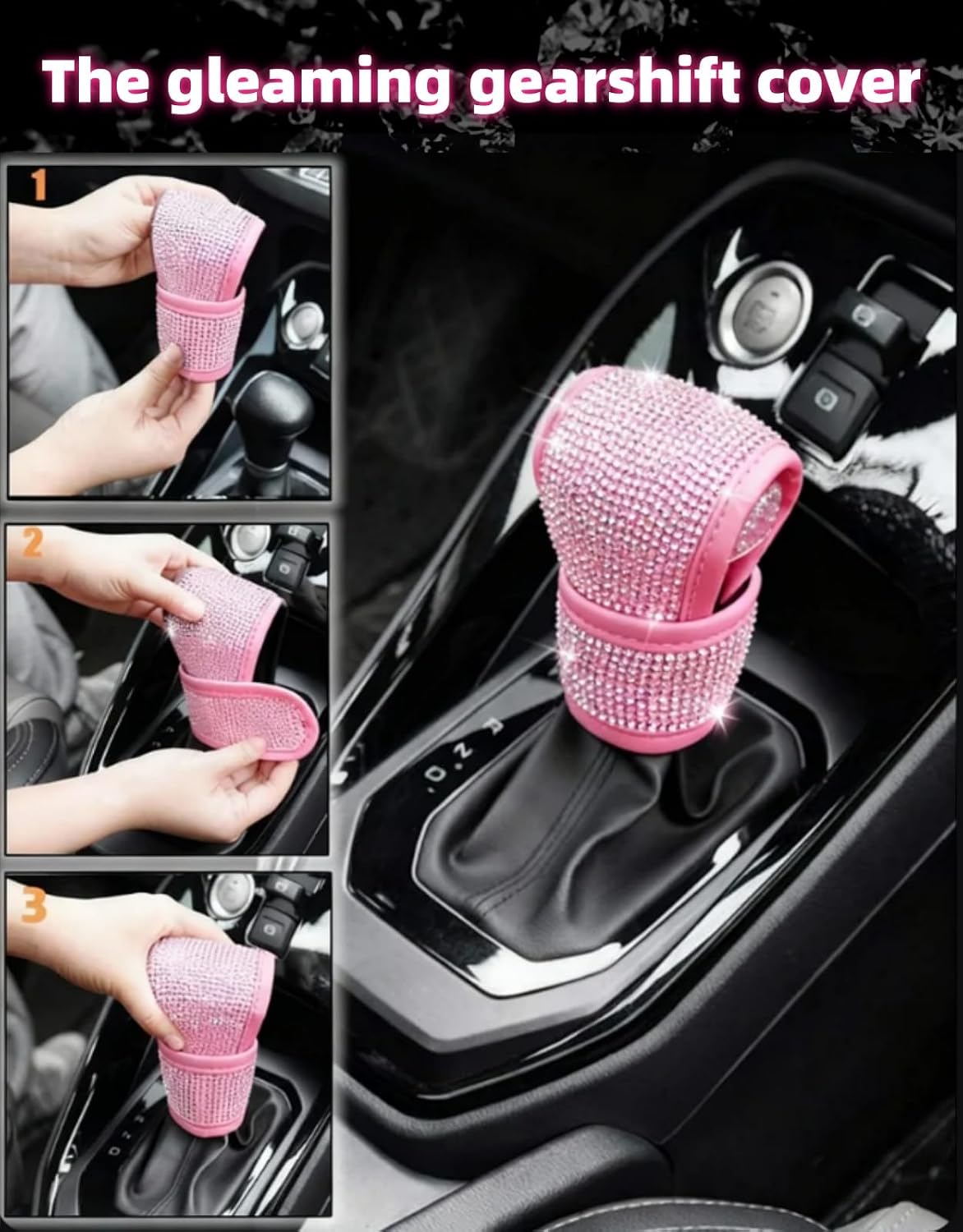 11 pcs Bling Car Accessories Set for Women, Steering Wheel Cover, Sparkly Seat Belt Covers, Daisy Vent Clips, Bling Shift Cover，Universal Fit Most Cars (Pink Diamond)