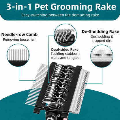 3-IN-1 Pet Grooming Tool - Undercoat Rake, Dematting Comb & Deshedding Brush for Cats, Dogs, Horses - Removes Mats, Tangles & Loose Fur, Reduces Shedding & Prevents Hair Mess (Pink)