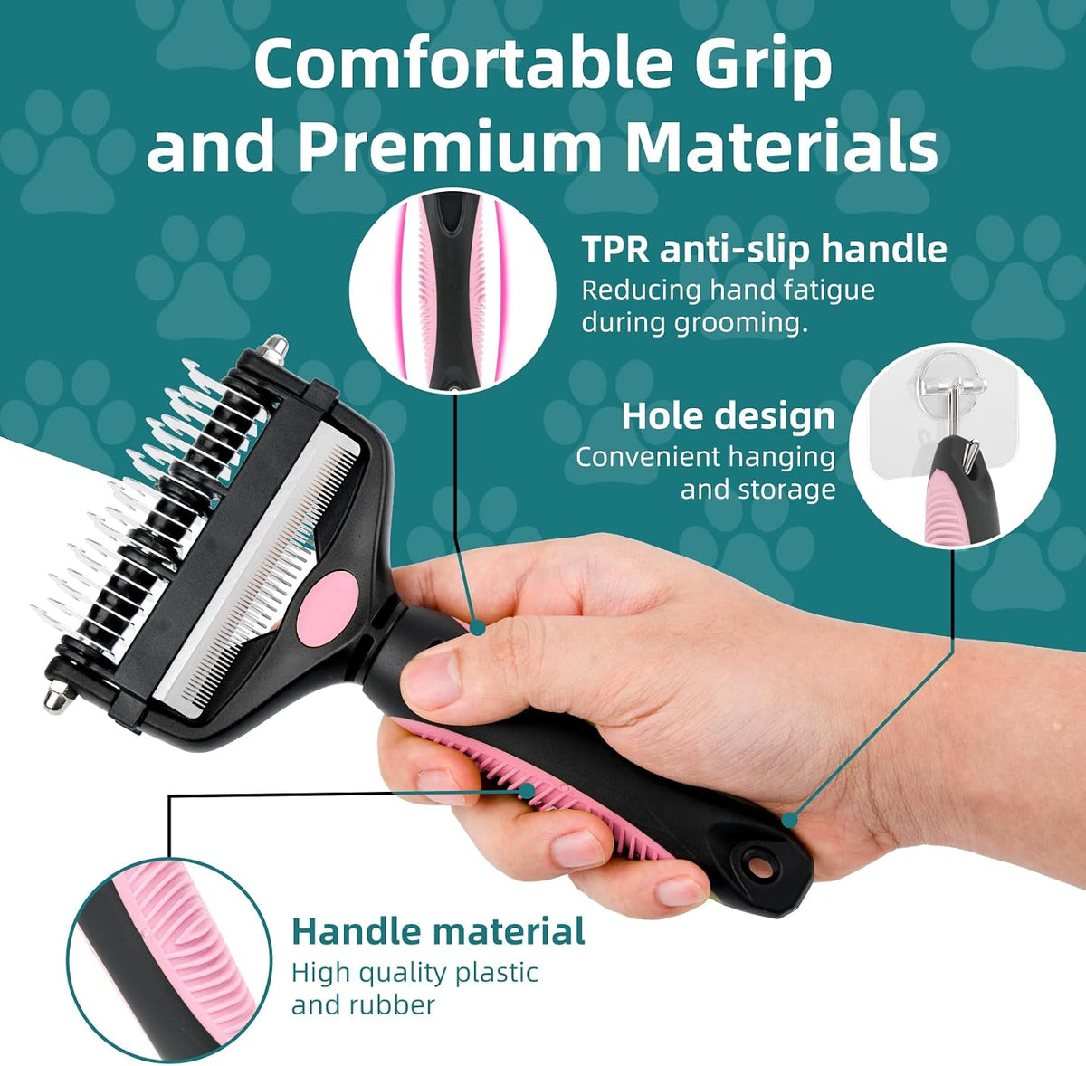 3-IN-1 Pet Grooming Tool - Undercoat Rake, Dematting Comb & Deshedding Brush for Cats, Dogs, Horses - Removes Mats, Tangles & Loose Fur, Reduces Shedding & Prevents Hair Mess (Pink)