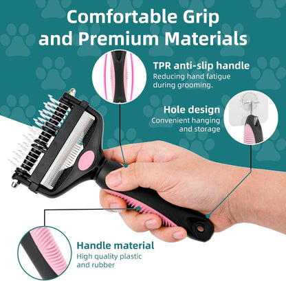 3-IN-1 Pet Grooming Tool - Undercoat Rake, Dematting Comb & Deshedding Brush for Cats, Dogs, Horses - Removes Mats, Tangles & Loose Fur, Reduces Shedding & Prevents Hair Mess (Pink)