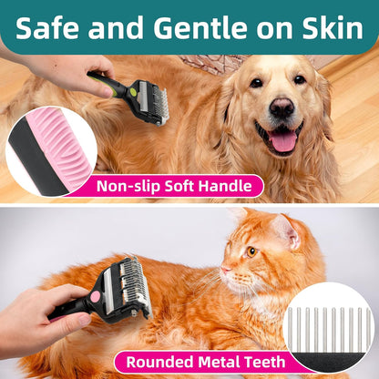 3-IN-1 Pet Grooming Tool - Undercoat Rake, Dematting Comb & Deshedding Brush for Cats, Dogs, Horses - Removes Mats, Tangles & Loose Fur, Reduces Shedding & Prevents Hair Mess (Pink)