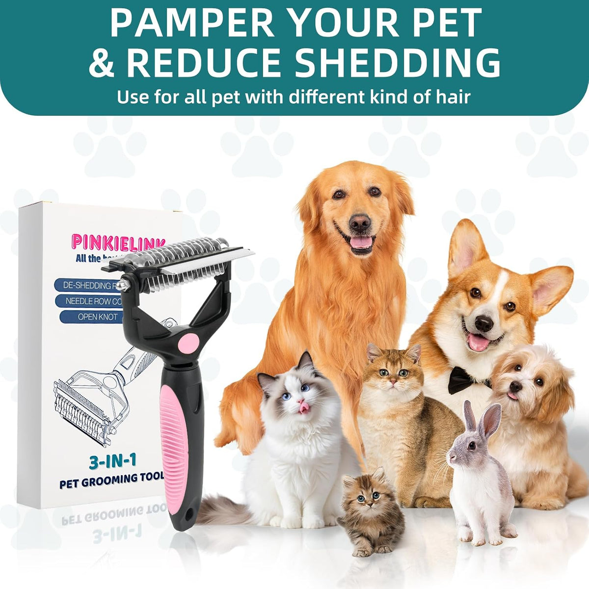 3-IN-1 Pet Grooming Tool - Undercoat Rake, Dematting Comb & Deshedding Brush for Cats, Dogs, Horses - Removes Mats, Tangles & Loose Fur, Reduces Shedding & Prevents Hair Mess (Pink)