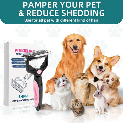 3-IN-1 Pet Grooming Tool - Undercoat Rake, Dematting Comb & Deshedding Brush for Cats, Dogs, Horses - Removes Mats, Tangles & Loose Fur, Reduces Shedding & Prevents Hair Mess (Pink)