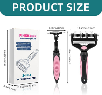 3-IN-1 Pet Grooming Tool - Undercoat Rake, Dematting Comb & Deshedding Brush for Cats, Dogs, Horses - Removes Mats, Tangles & Loose Fur, Reduces Shedding & Prevents Hair Mess (Pink)