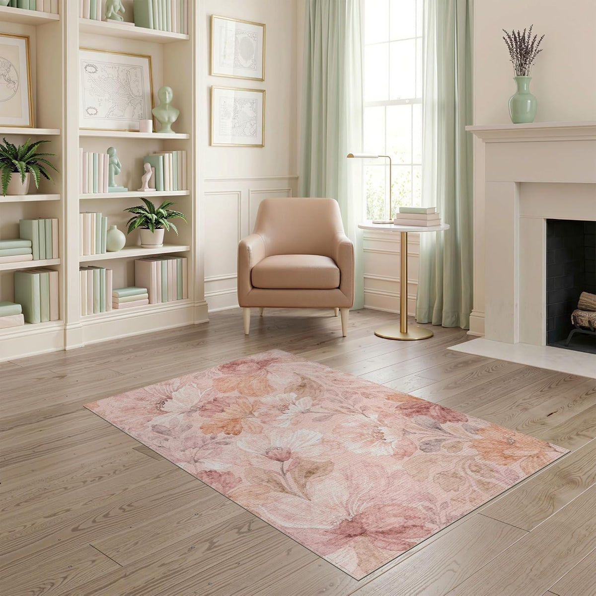 4'x6' Washable Bohemian Botanical Area Rug, Peach Flatwoven Floor Mat Non-Slip Chair-Friendly Carpet for Home Office, Gaming Room, Under Desk | Ref:2112574