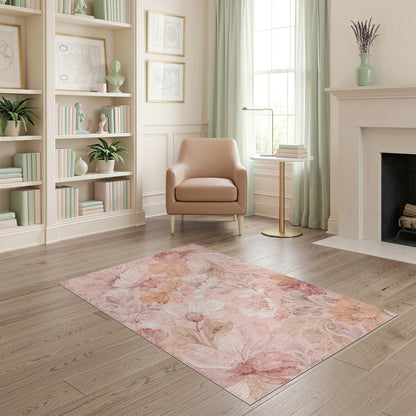 4'x6' Washable Bohemian Botanical Area Rug, Peach Flatwoven Floor Mat Non-Slip Chair-Friendly Carpet for Home Office, Gaming Room, Under Desk | Ref:2112574