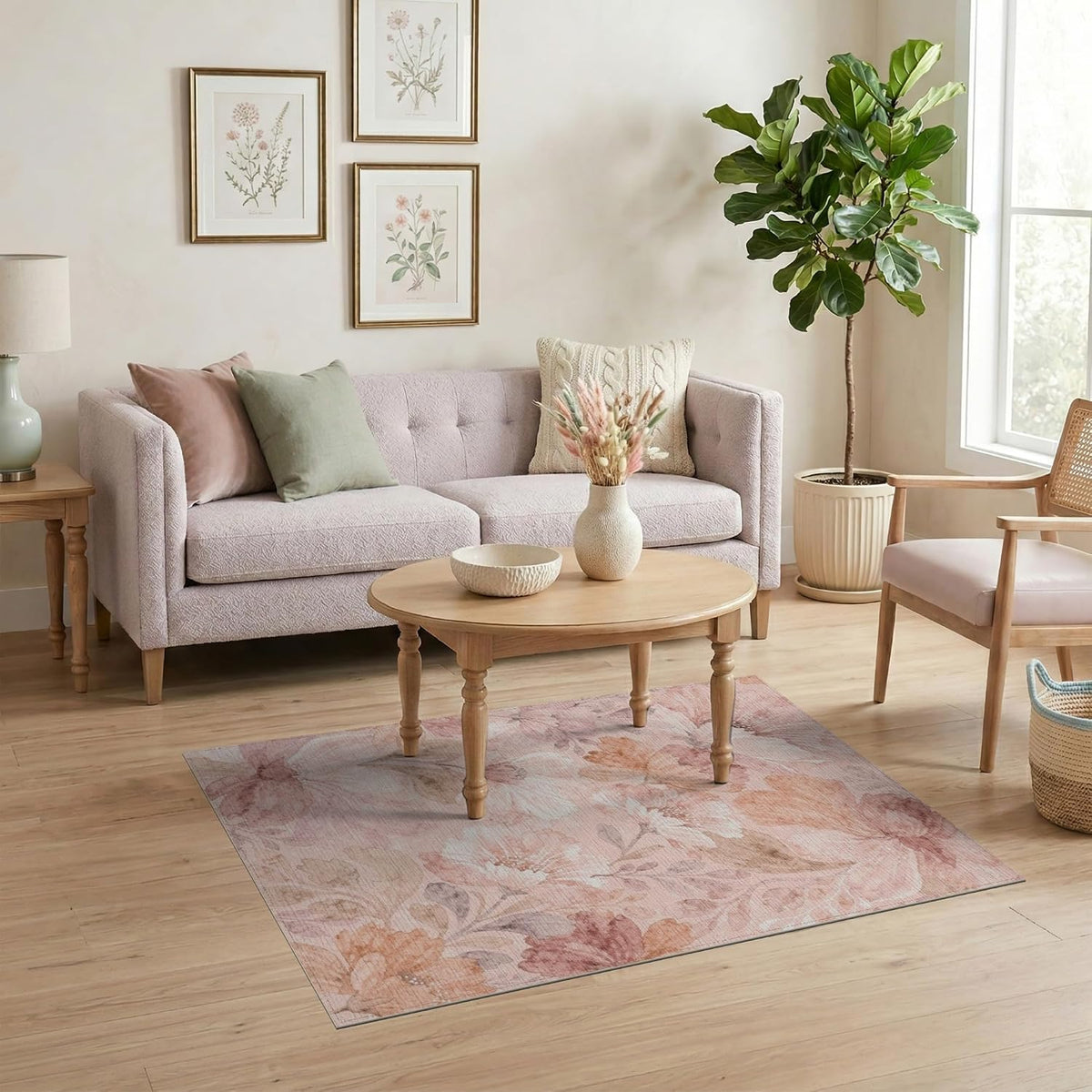 4'x6' Washable Bohemian Botanical Area Rug, Peach Flatwoven Floor Mat Non-Slip Chair-Friendly Carpet for Home Office, Gaming Room, Under Desk | Ref:2112574
