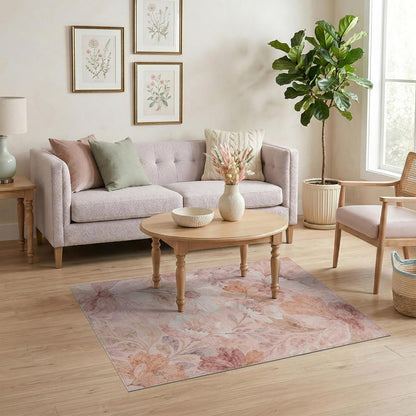 4'x6' Washable Bohemian Botanical Area Rug, Peach Flatwoven Floor Mat Non-Slip Chair-Friendly Carpet for Home Office, Gaming Room, Under Desk | Ref:2112574