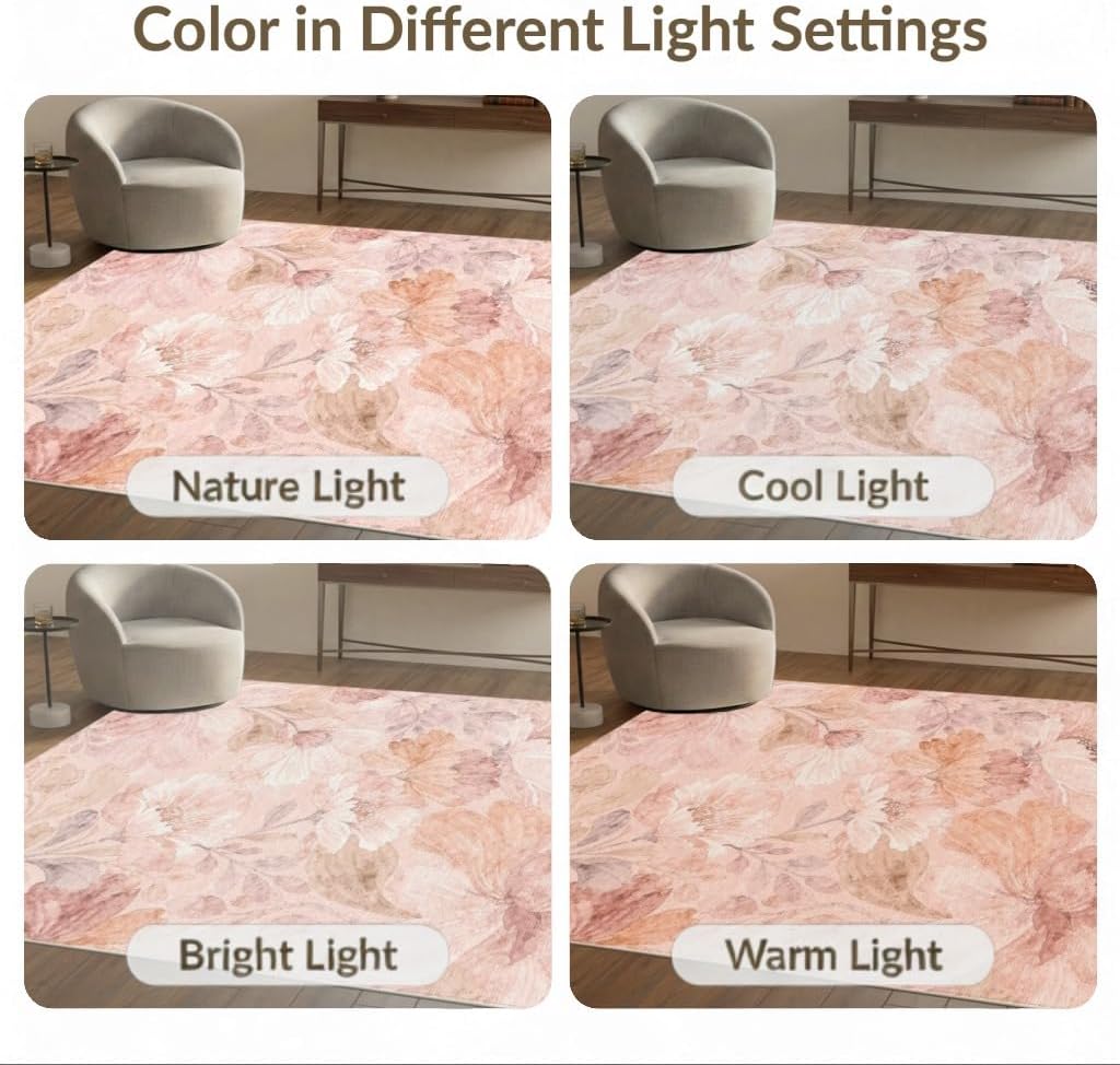 4'x6' Washable Bohemian Botanical Area Rug, Peach Flatwoven Floor Mat Non-Slip Chair-Friendly Carpet for Home Office, Gaming Room, Under Desk | Ref:2112574