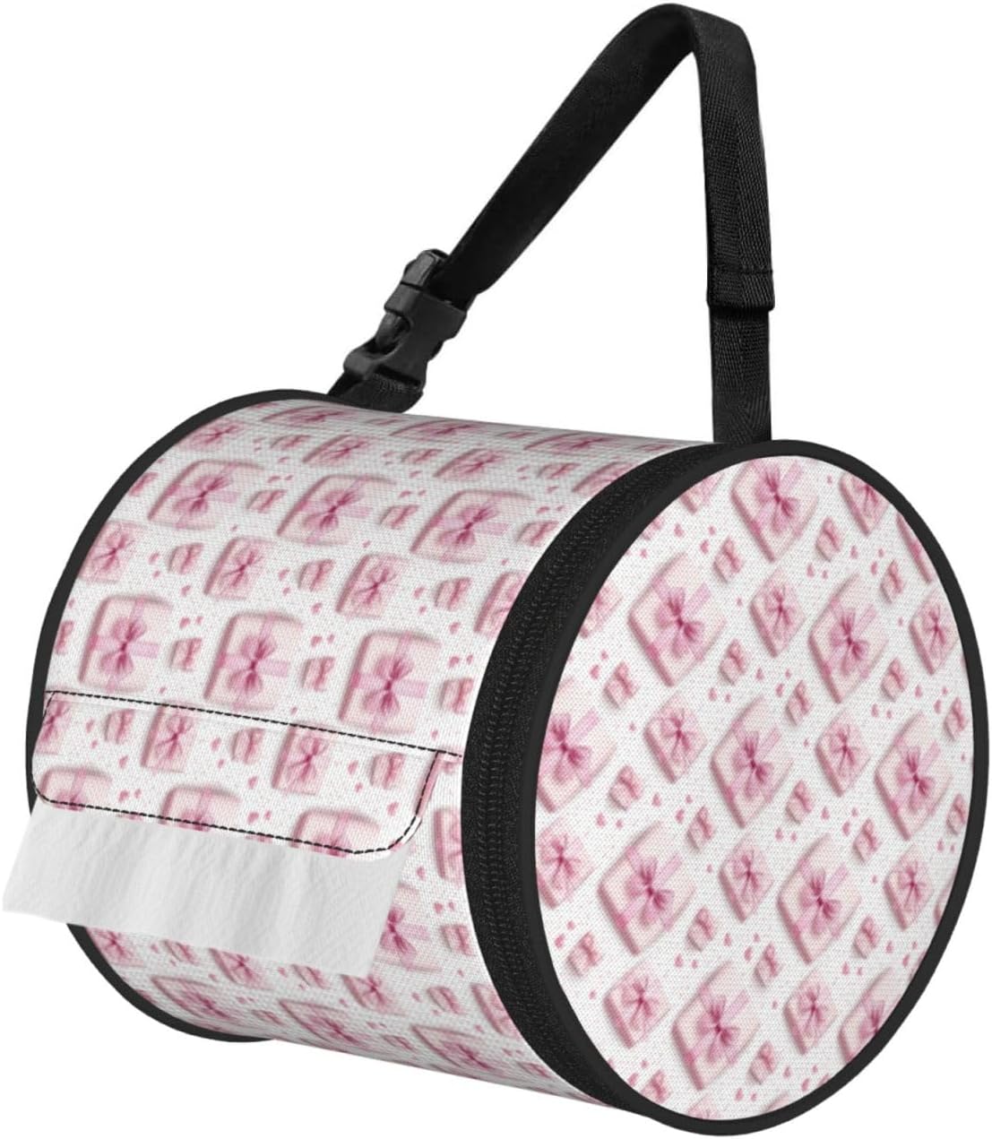 Round Car Tissue Holder - Pink Ribbon Box Print Foldable Portable Tissue Cover Cube Hanging Toilet Paper Dispenser with Strap, Organizer for Travel Car Seat Camping Bathroom Decor