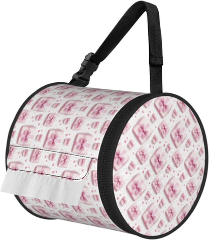 Round Car Tissue Holder - Pink Ribbon Box Print Foldable Portable Tissue Cover Cube Hanging Toilet Paper Dispenser with Strap, Organizer for Travel Car Seat Camping Bathroom Decor