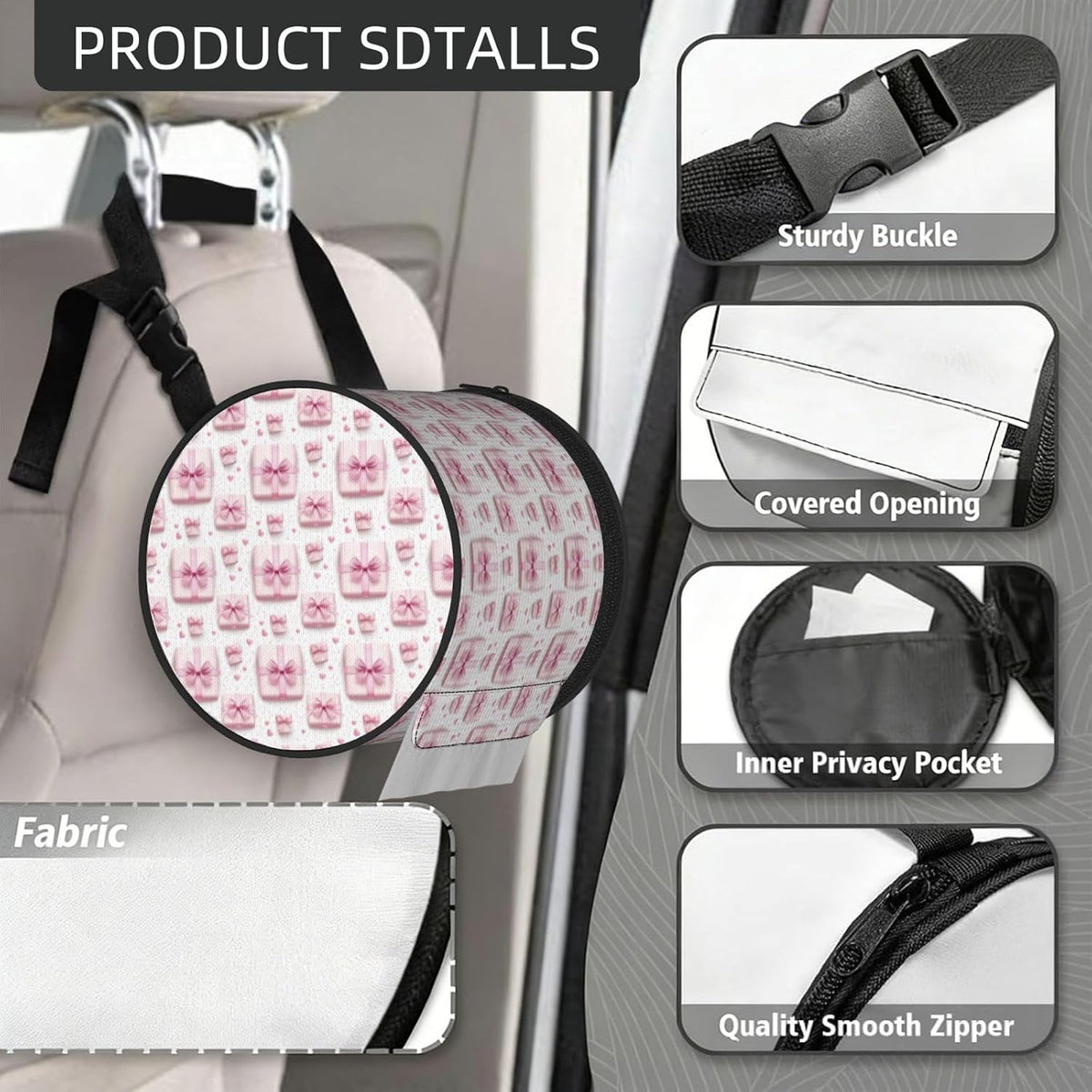 Round Car Tissue Holder - Pink Ribbon Box Print Foldable Portable Tissue Cover Cube Hanging Toilet Paper Dispenser with Strap, Organizer for Travel Car Seat Camping Bathroom Decor