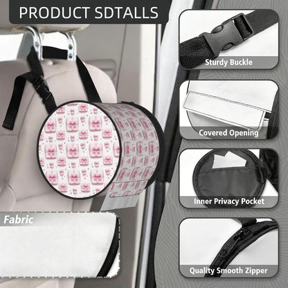 Round Car Tissue Holder - Pink Ribbon Box Print Foldable Portable Tissue Cover Cube Hanging Toilet Paper Dispenser with Strap, Organizer for Travel Car Seat Camping Bathroom Decor